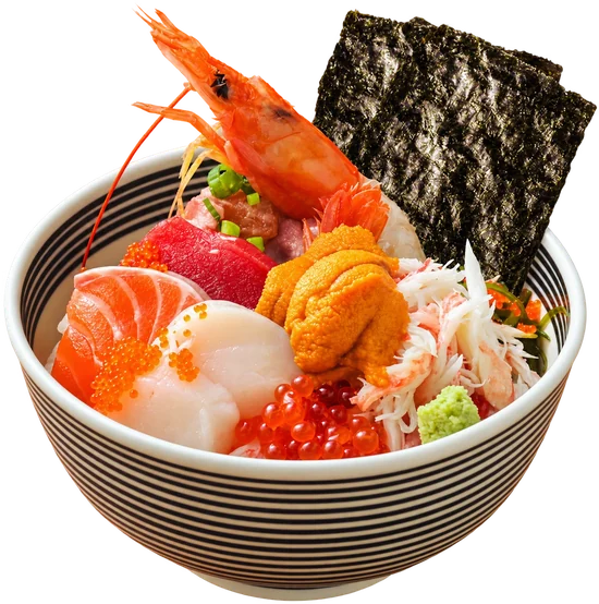 Fukuju sashimi bowl: negitoro, tuna, salmon, shrimp, scallops, snow crab, sea urchin, salmon roe