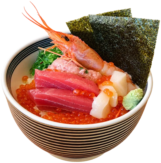 Miyabi sashimi bowl: negitoro, tuna (2pc), shrimp, scallops, salmon roe