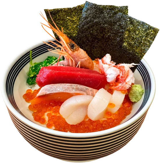 Nishiki sashimi bowl: negitoro, tuna, salmon, shrimp, scallops, snow crab, salmon roe