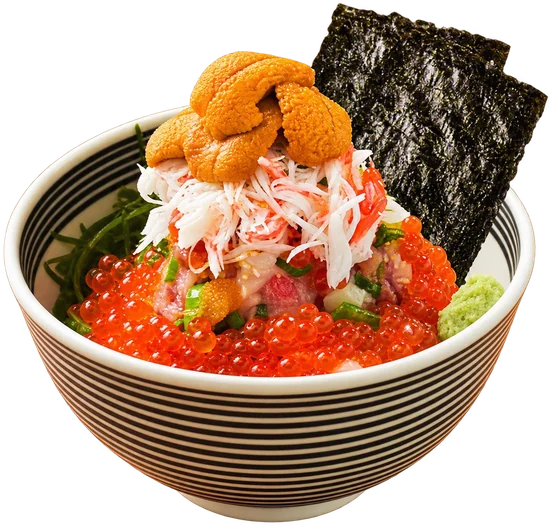 Tokujo negitoro bowl with salmon roe, snow crab, sea urchin